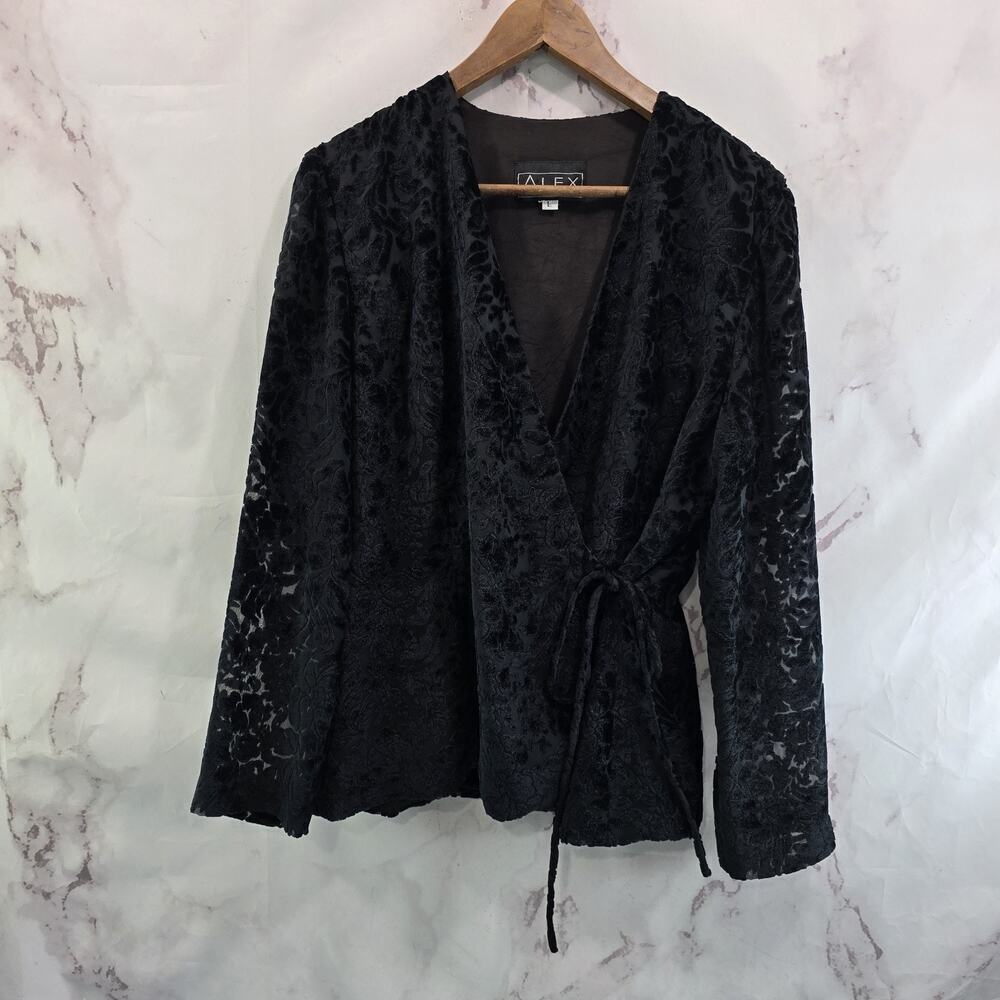 Alex Evenings Jacket Womens Large Black Velvet Wrap Floral Lightweight Topper